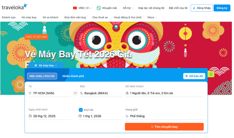 Bí kíp săn vé máy bay Tết Bính Ngọ 2026 giá rẻ chỉ vài bước trên Traveloka
